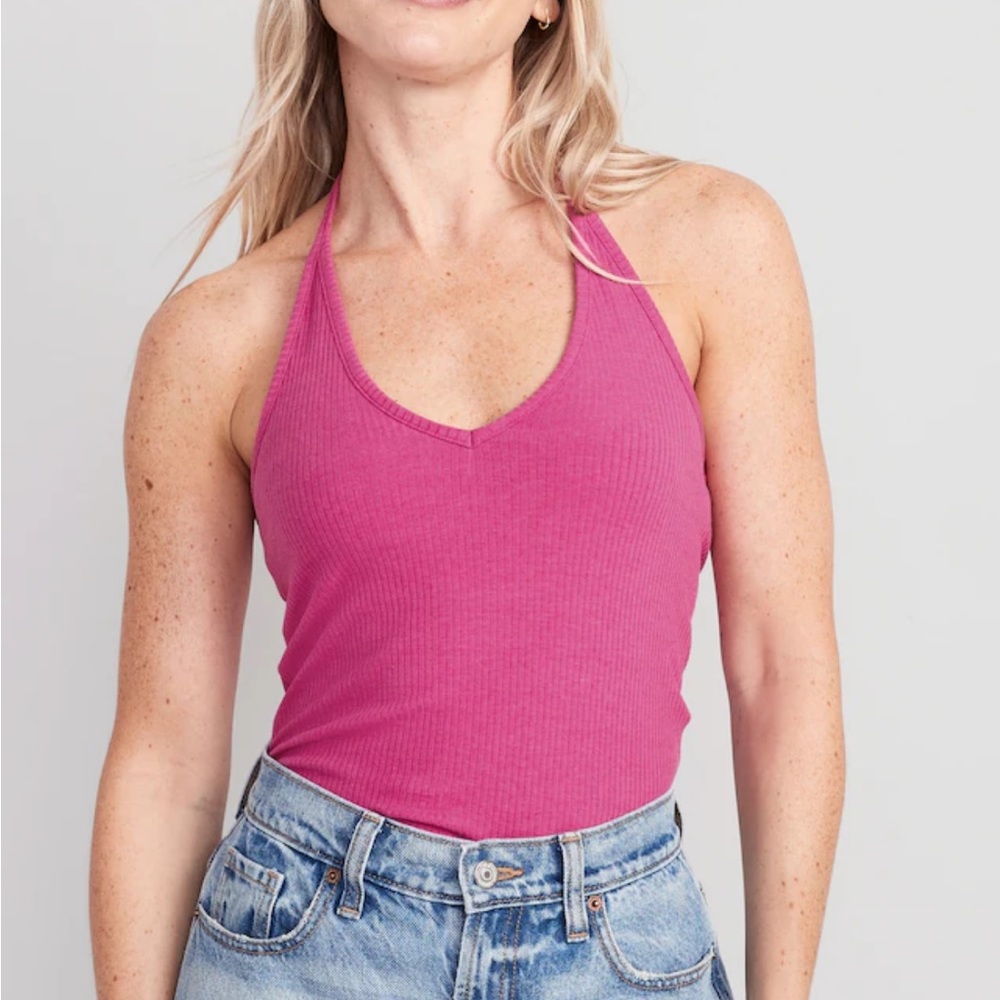 Rib-Knit V-Neck Cropped Halter Top